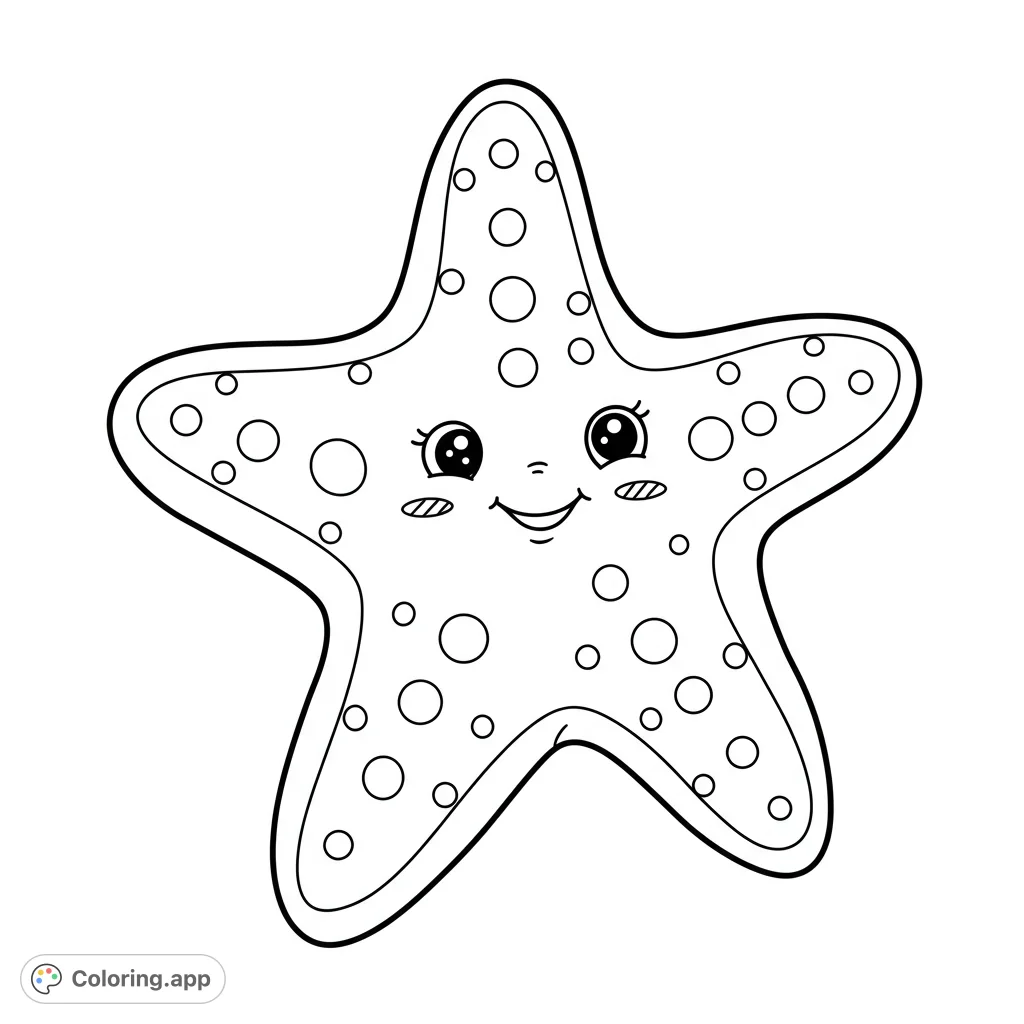 A charming Kawaii starfish coloring page, perfect for young artists. Features a friendly, smiling starfish with simple, bold outlines.