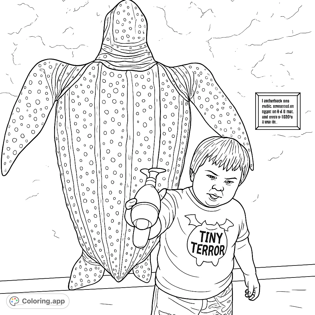Explore a majestic sea turtle display with a curious child. This marine life coloring page offers detailed patterns for an engaging creative experience.