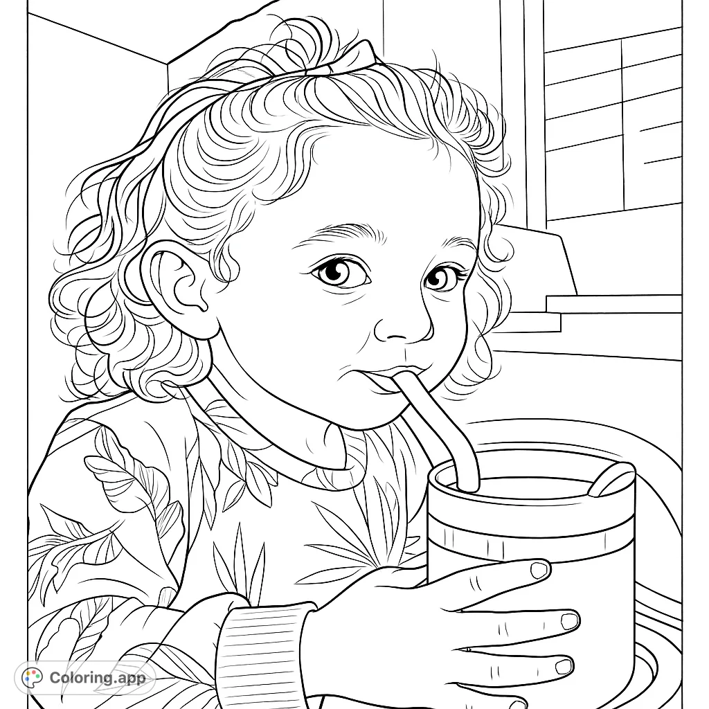 Adorable child with curly hair sips from a cup, wearing a charming floral shirt. A delightful and engaging free printable coloring page.