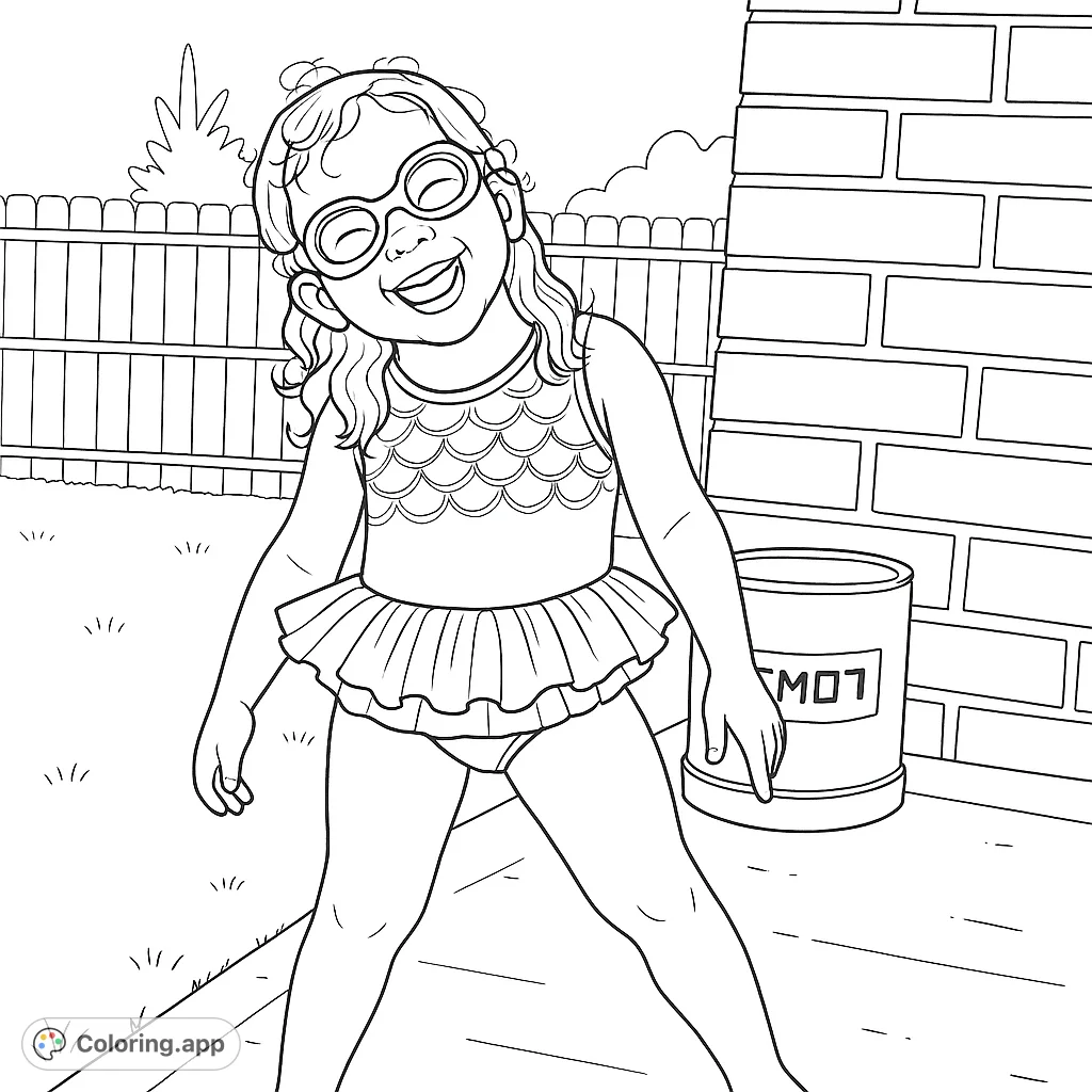 A joyful child in a mermaid-style swimsuit and goggles, ready for summer fun. Perfect for young colorists to bring to life with vibrant hues.
