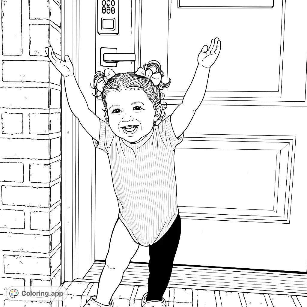 Capture the joy of a happy toddler with arms raised, ready for adventure. A delightful scene perfect for young colorists to express creativity.