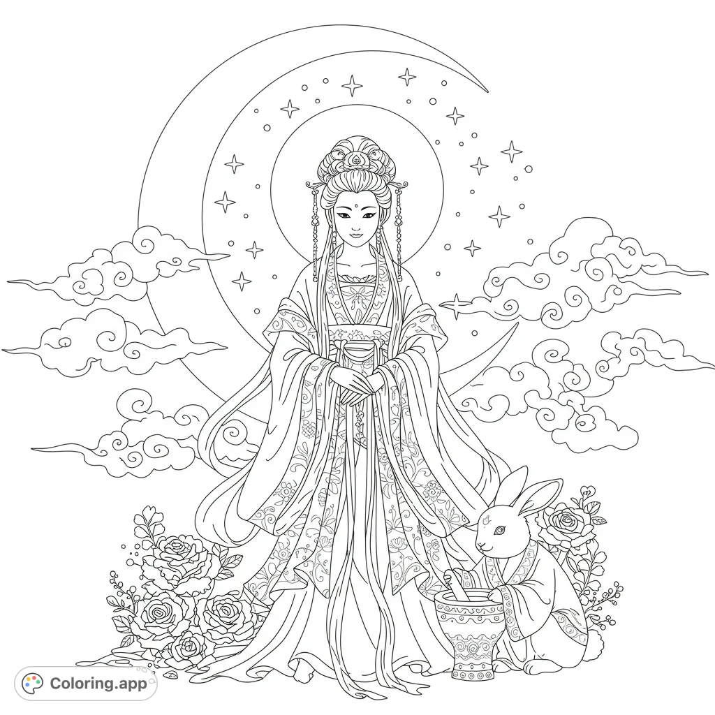 A charming Chang'e and Jade Rabbit coloring page, perfect for exploring Chinese folklore and celestial beauty with clean lines and bold outlines.