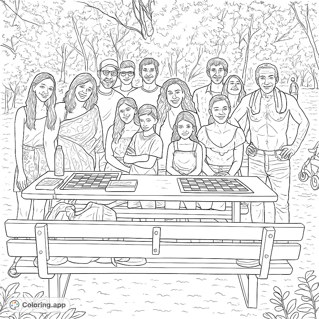 A joyful family picnic scene with a large group of adults and children gathered around a table, perfect for a relaxing coloring experience.