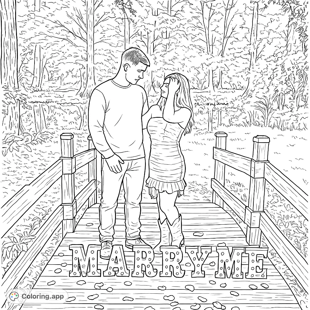 A romantic proposal scene on a rustic wooden bridge, with a couple and 'MARRY ME' letters, surrounded by nature. Perfect for celebrating love.