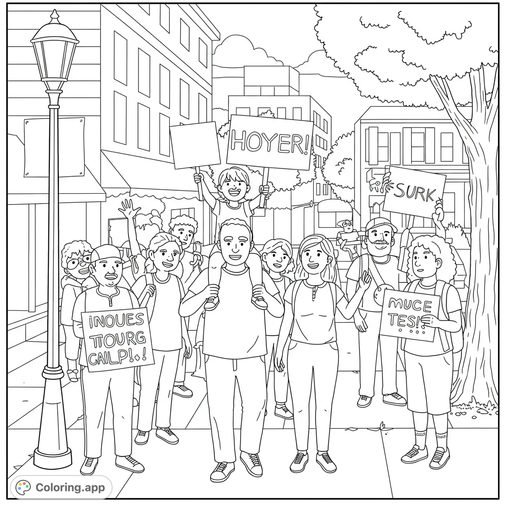 A lively community gathering unfolds on a city sidewalk, featuring diverse individuals, a child on shoulders, and signs, perfect for a free printable coloring page.