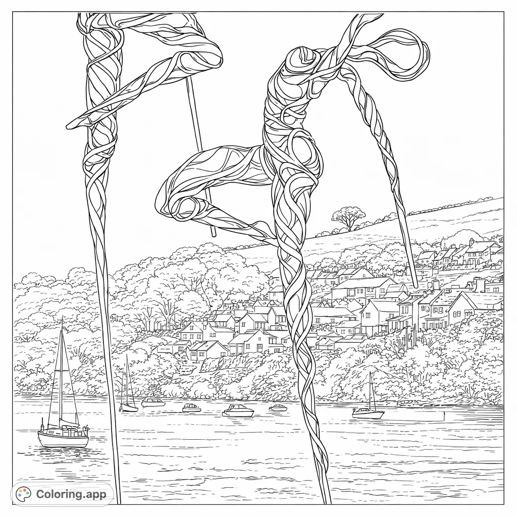 Color an intricate scene featuring graceful abstract sculptures by a scenic river, with a detailed village and lush hillside in the background. A captivating challenge.