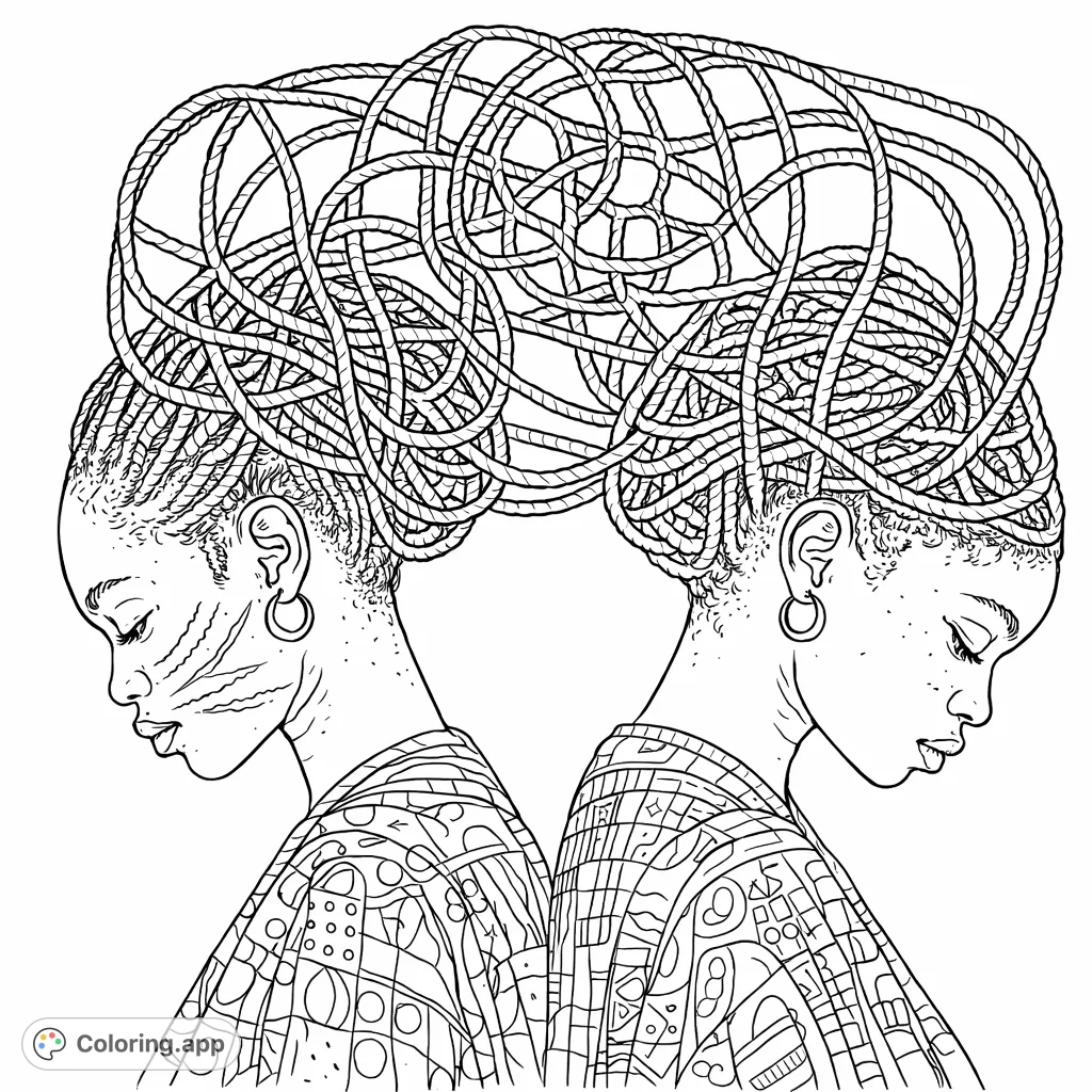 Capture the striking elegance of two figures with intricate hairstyles and patterned garments. A challenging yet rewarding cultural art piece.