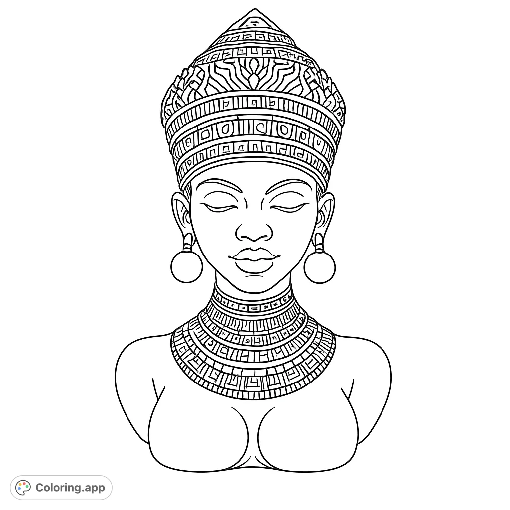 An intricate coloring page featuring a regal bust adorned with elaborate headwear and a multi-layered necklace, perfect for detailed coloring.