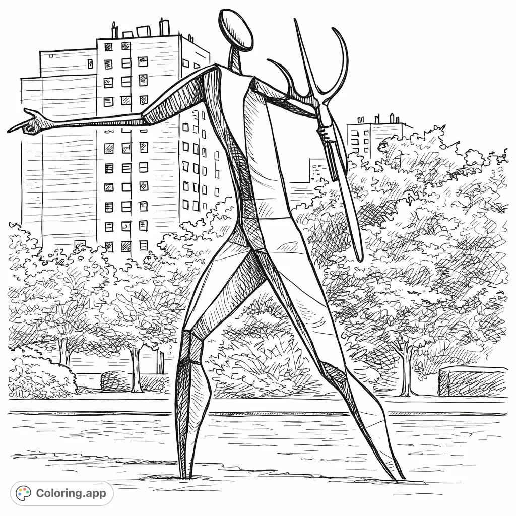 A striking abstract sculpture of a striding figure holding a trident, set against an urban park backdrop. A unique modern art coloring page.