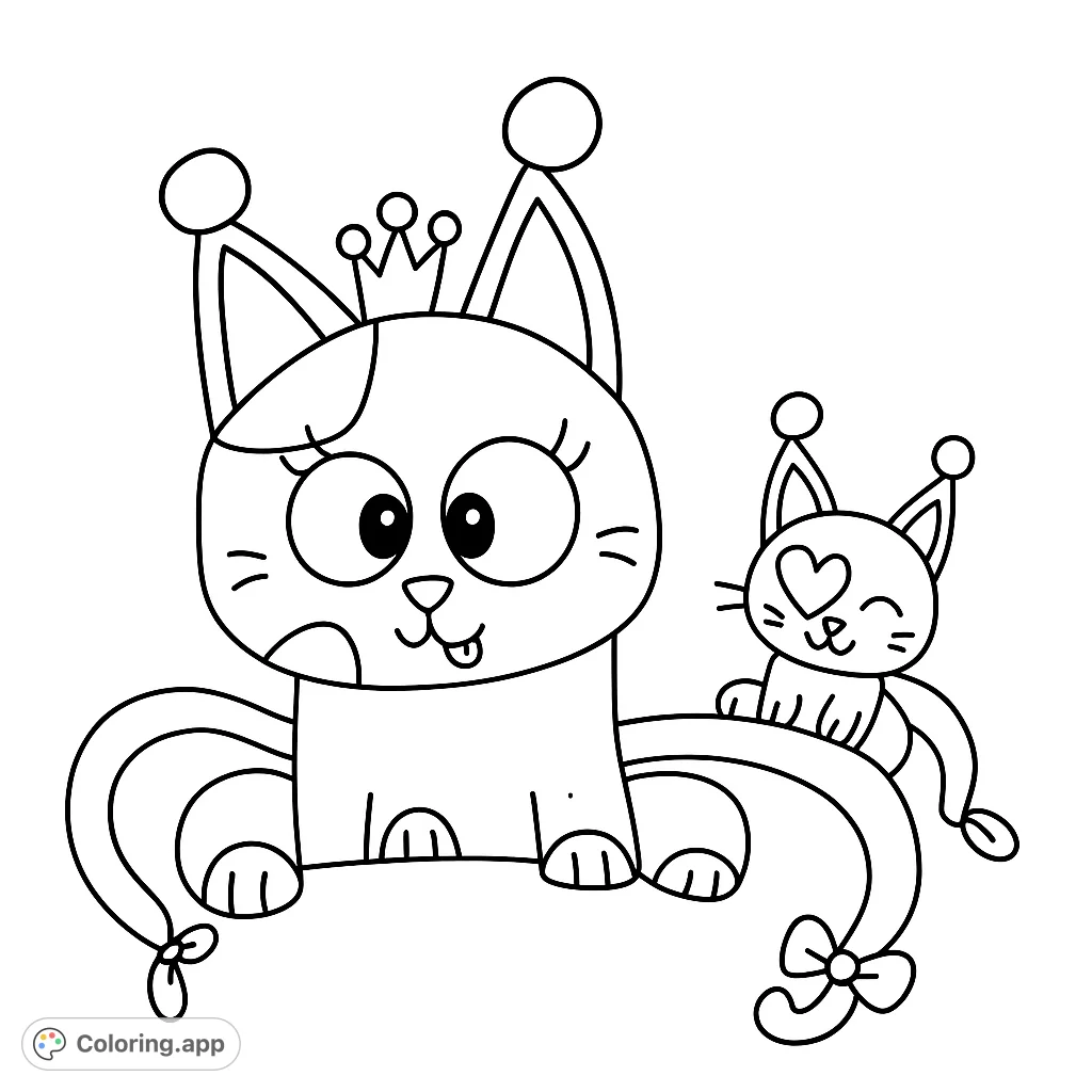 A charming coloring page featuring a large, crowned feline creature with antennae and a smaller, heart-eyed friend. Perfect for creative fun!