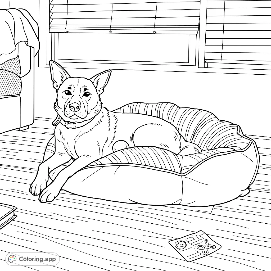 A charming dog relaxes in its striped pet bed, perfect for animal lovers. This free printable dog coloring page offers a delightful scene to bring to life.