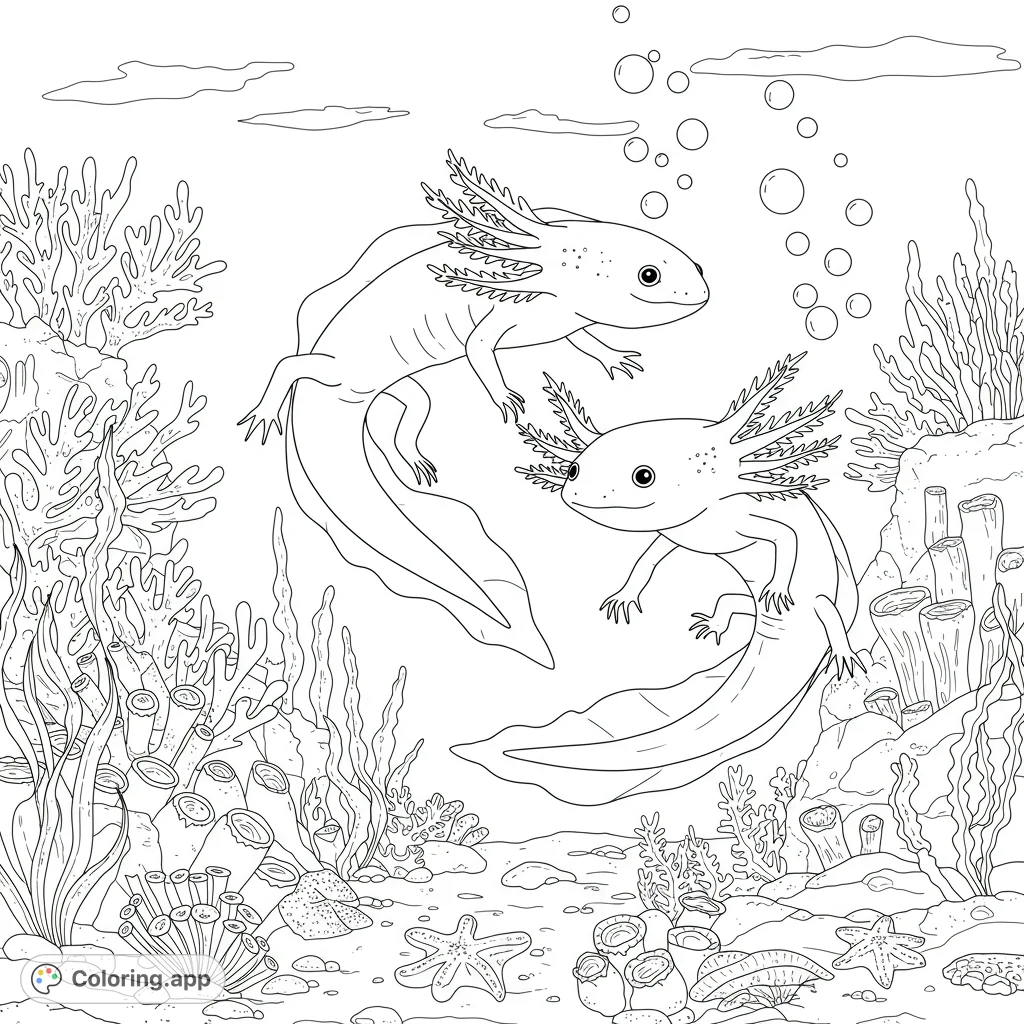 Dive into an enchanting underwater world with two adorable axolotls surrounded by vibrant ocean life. A delightful free printable axolotl coloring page.