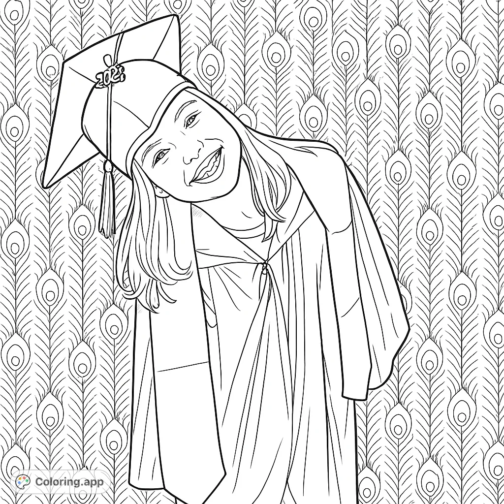 Celebrate achievement with this charming graduation coloring page featuring a smiling child in cap and gown against a unique feather pattern.