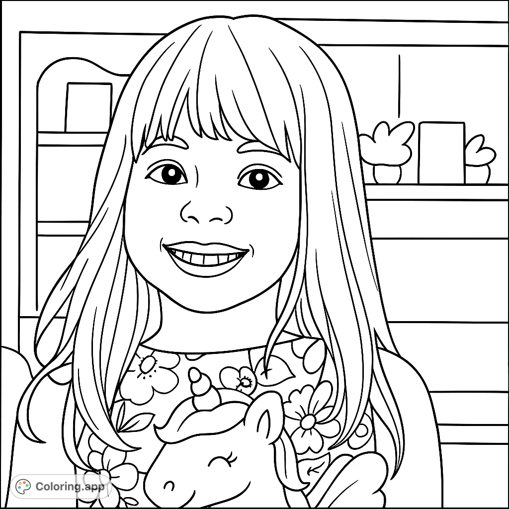 A delightful coloring page featuring a smiling child with long hair, holding a plush toy. Perfect for young artists to explore creativity and expression.