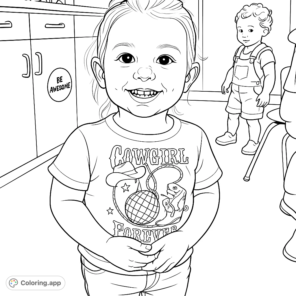 Capture the joy of childhood with this delightful coloring page featuring a smiling toddler in a fun cowgirl-themed shirt and boots. Perfect for young artists!