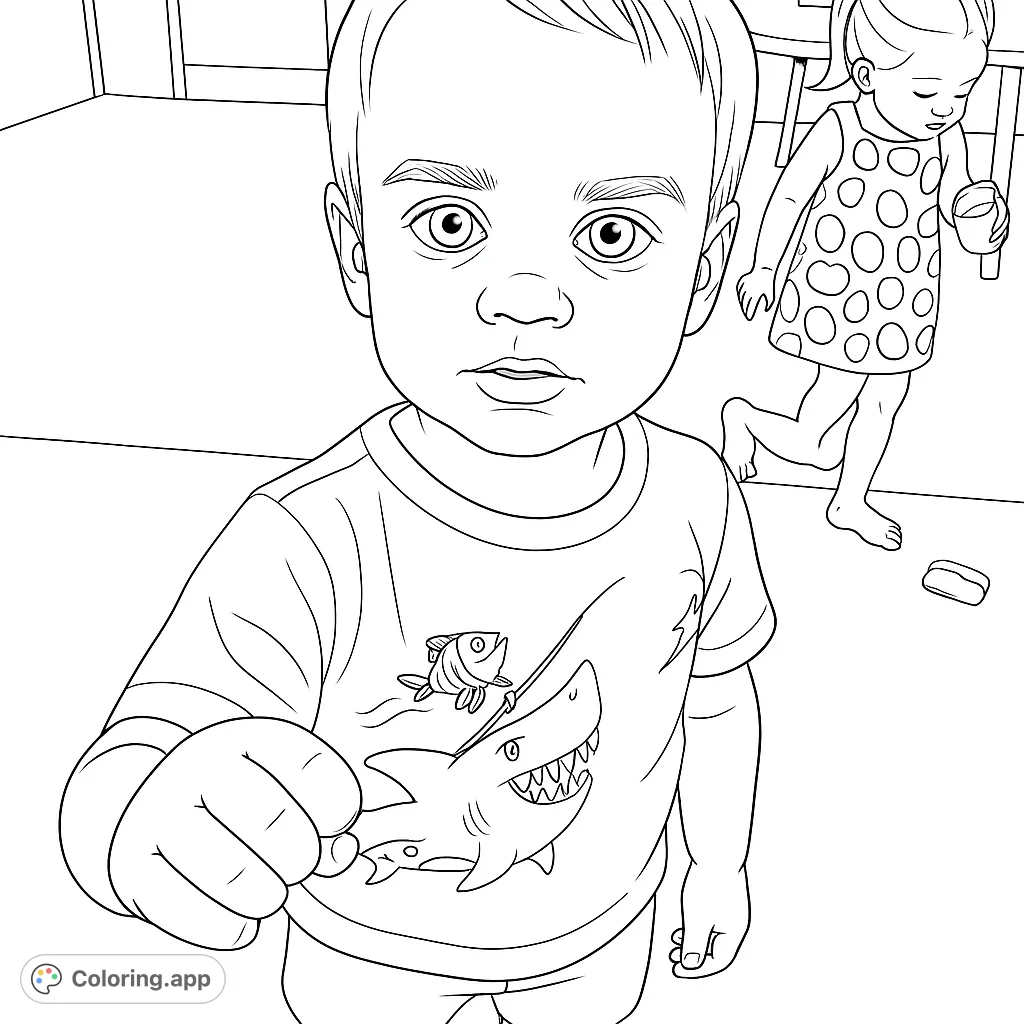A charming toddler in a shark shirt, reaching out, with another child playing in the background. A delightful scene for young colorists.