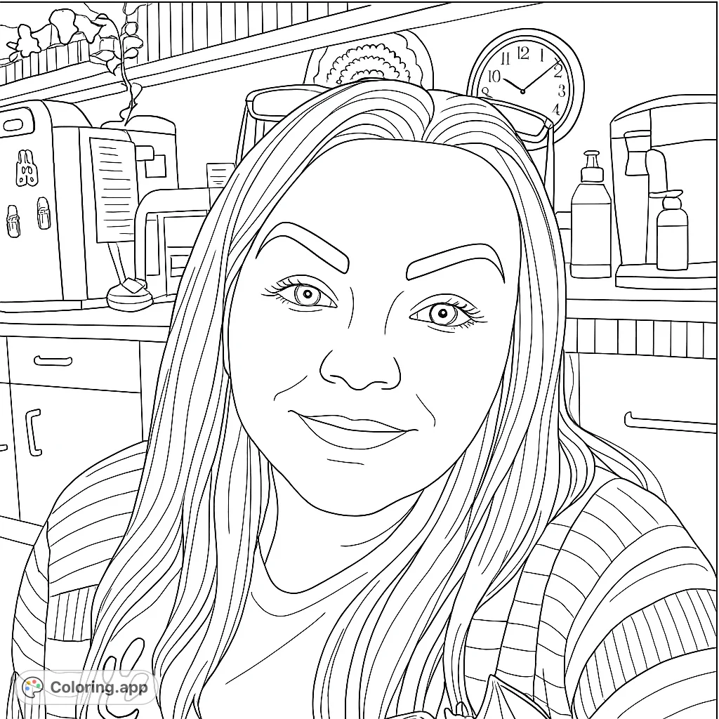Color an expressive portrait of a woman with unique hair and a striped cardigan in a detailed indoor setting. Perfect for realistic coloring.