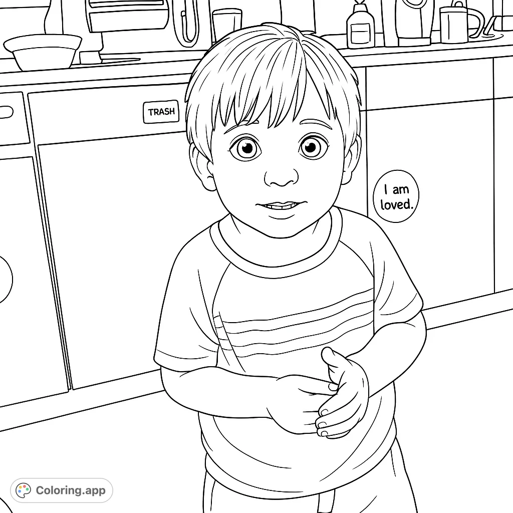 A cheerful child stands in a classroom, ready for fun. Features a striped shirt, shorts, and a playful background with cabinets and decorations.
