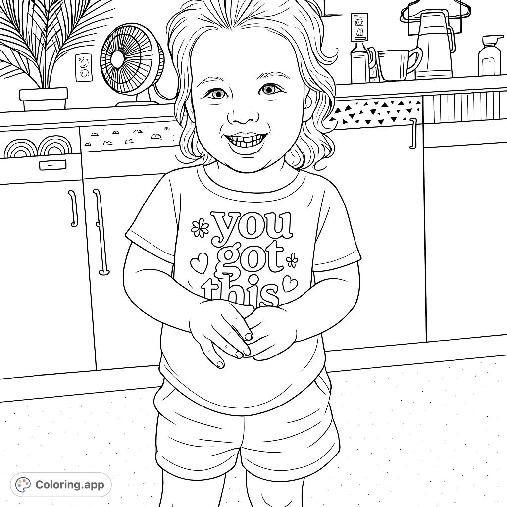 A delightful coloring page featuring a happy child with curly hair, standing in a playful room. Perfect for young artists to express creativity.