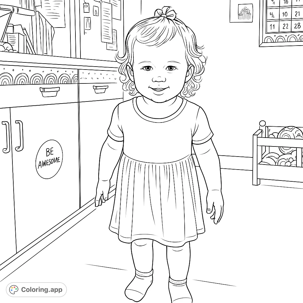 A delightful coloring page featuring a happy child standing in a cozy room with cabinets and playful decor, perfect for young artists.