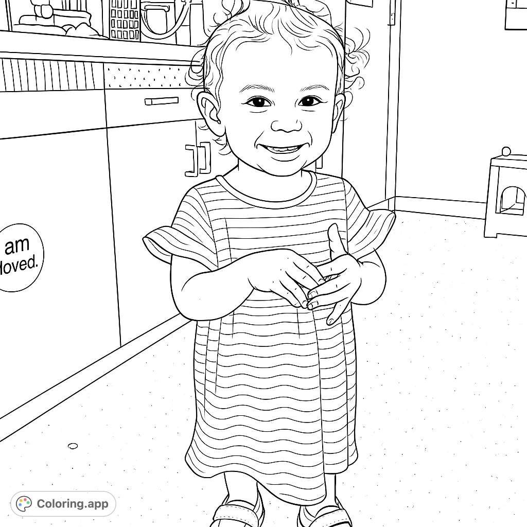 An adorable toddler with a joyful smile, curly hair, and a patterned dress, standing in a cozy indoor setting. Perfect for young colorists!