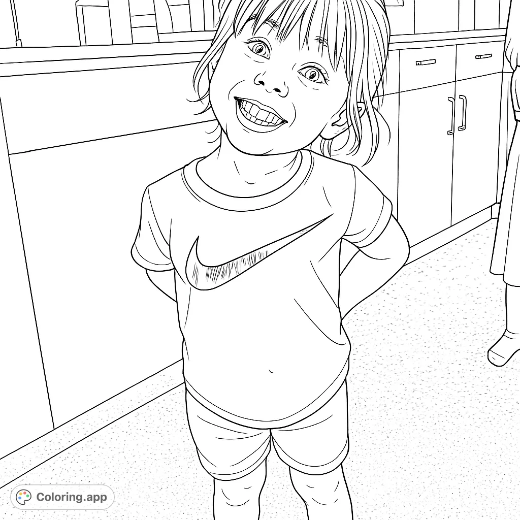 A cheerful child with a wide smile, standing in a room with cabinets and a textured floor, ready for a creative coloring adventure.