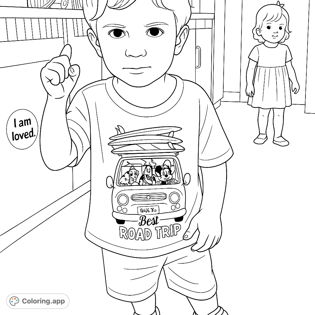 A delightful coloring page featuring a young child wearing a fun road trip t-shirt with cartoon characters and surfboards, set in a playful room.