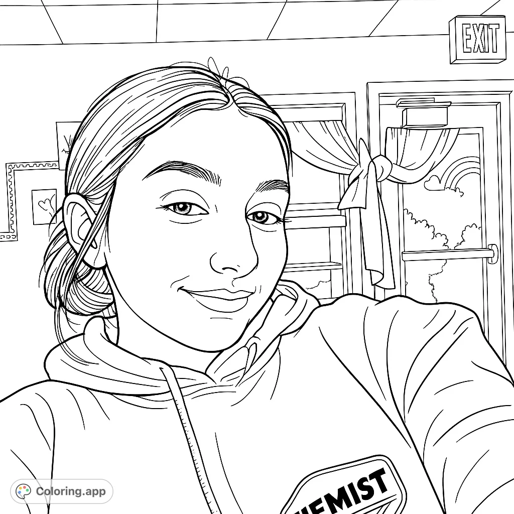 A friendly portrait of a young woman in a cozy hoodie, perfect for a relaxing coloring session. Express your creativity!
