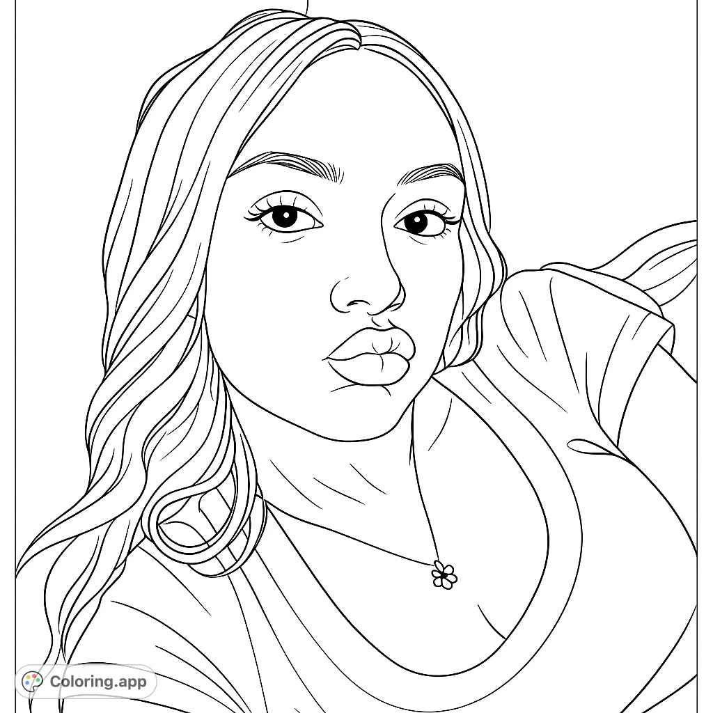 Capture a modern portrait with a stylish young woman striking a playful pose. Features a detailed face, wavy hair, and a delicate necklace.