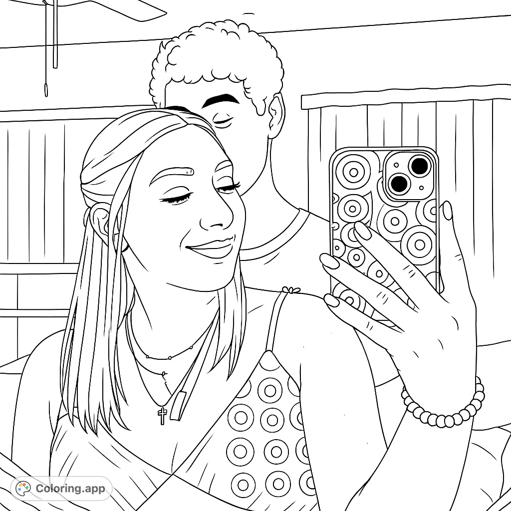 Capture a sweet moment with this couple mirror selfie coloring page. Features a woman holding a patterned phone, with a man behind her.