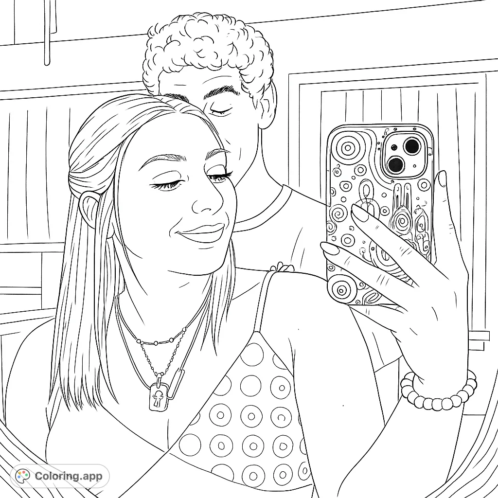 Capture a sweet moment with this couple mirror selfie coloring page. Features a woman holding a phone, reflecting herself and a man behind her.