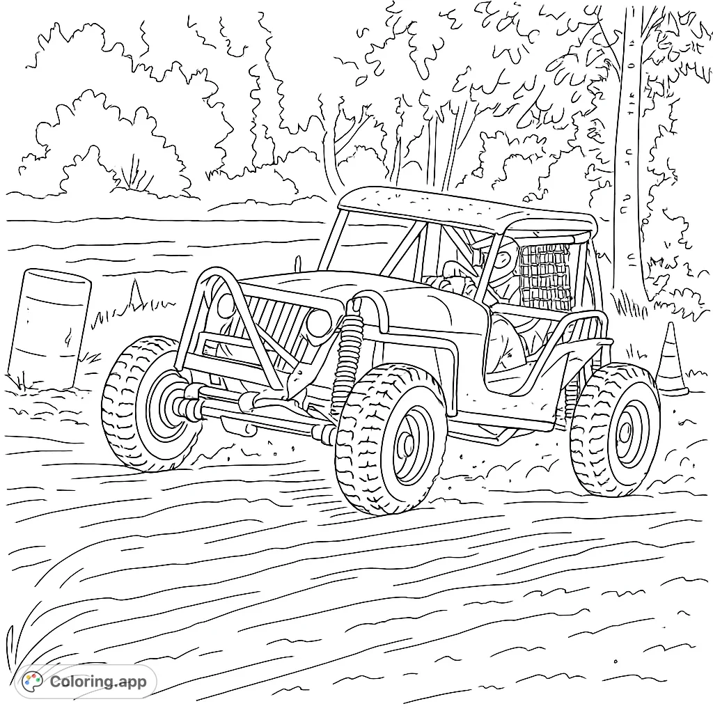 Dynamic off-road buggy kicking up dirt on a rugged track. Perfect for adventure enthusiasts to color and bring to life.