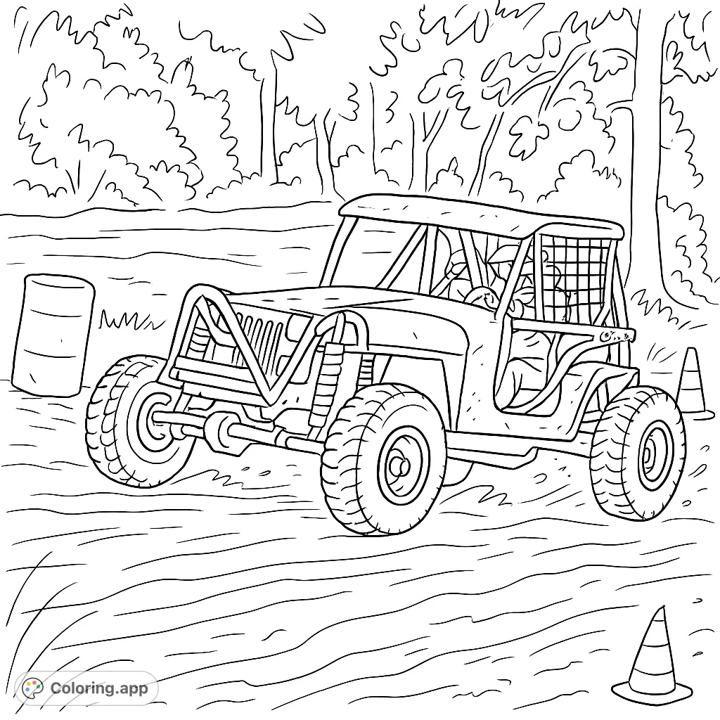 Experience the thrill of off-road adventure! Color a rugged vehicle kicking up dirt on a challenging track, perfect for vehicle enthusiasts.