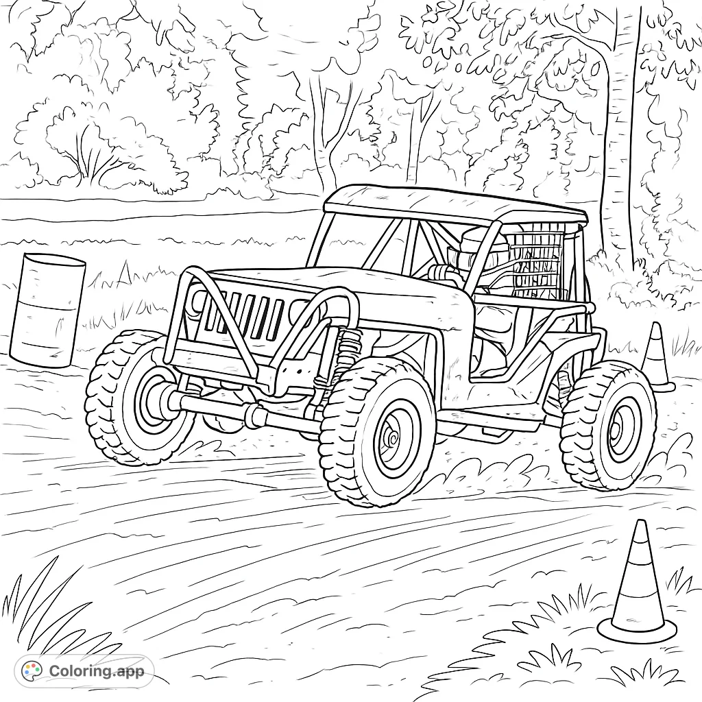 Experience the thrill of off-road adventure! Color a rugged vehicle kicking up dirt on a challenging track, perfect for vehicle enthusiasts.