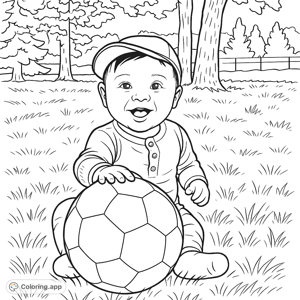 A delightful baby in a cap, sitting on a grassy field with a soccer ball. Perfect for young sports fans and family fun!