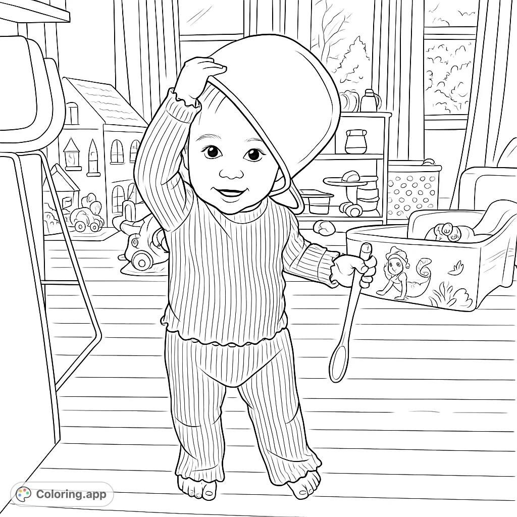 A delightful coloring page featuring a playful child wearing a mixing bowl as a hat, holding a wooden spoon, surrounded by toys.