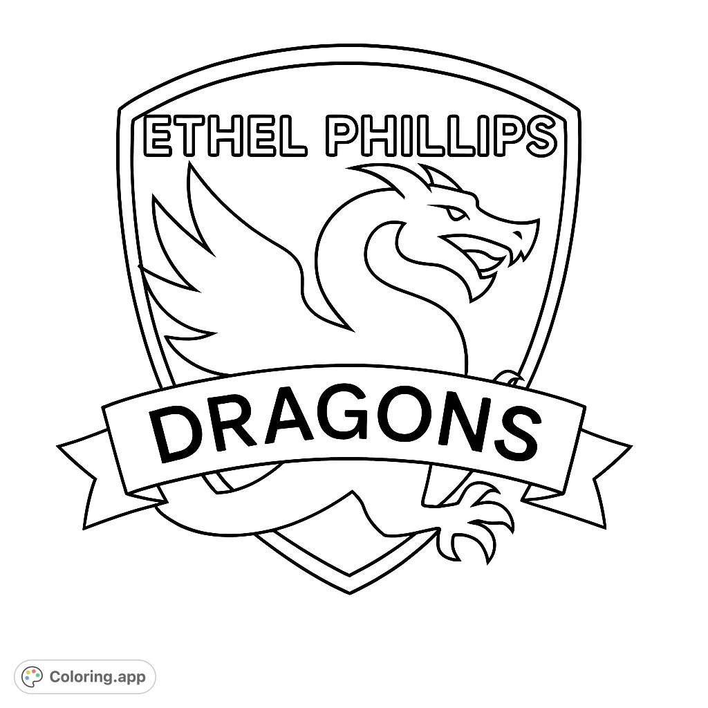 Unleash your creativity with this dynamic dragon emblem coloring page, featuring a powerful winged dragon within a classic shield design and bold text banners.