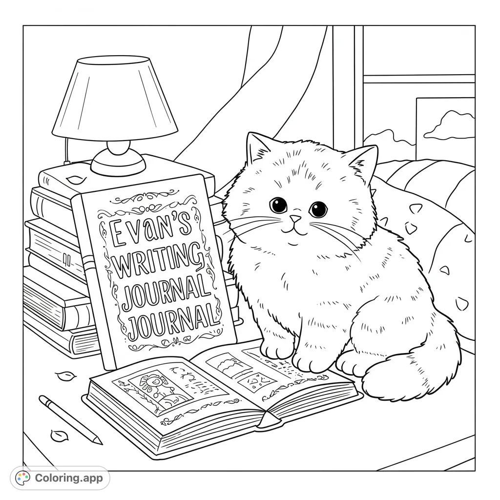 A delightful coloring page featuring a fluffy cat beside an open journal with "Evan's Writing Journal" text, set in a cozy, inspiring space.