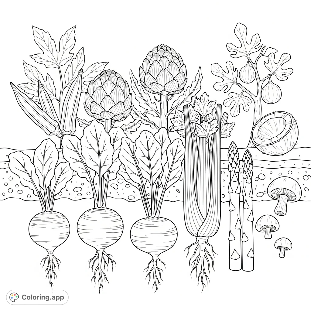 Explore a bountiful cross-section of garden life, featuring a radish, beetroot, turnip, celery, asparagus, okra, artichoke, fig tree, mushroom, and coconut.