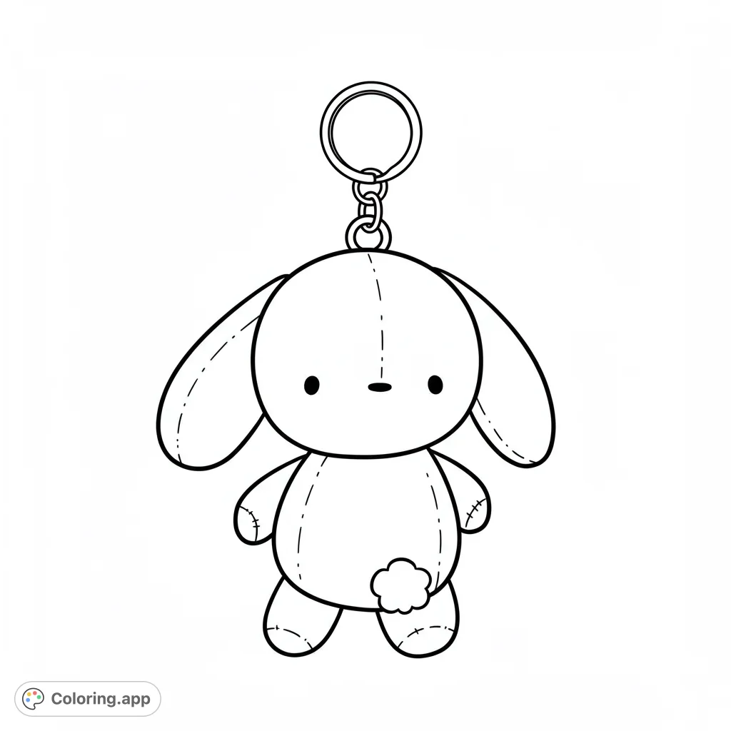 An adorable fabric baby rabbit keychain, perfect for a minimalist coloring page. Features a plush rabbit with floppy ears and a simple ring.