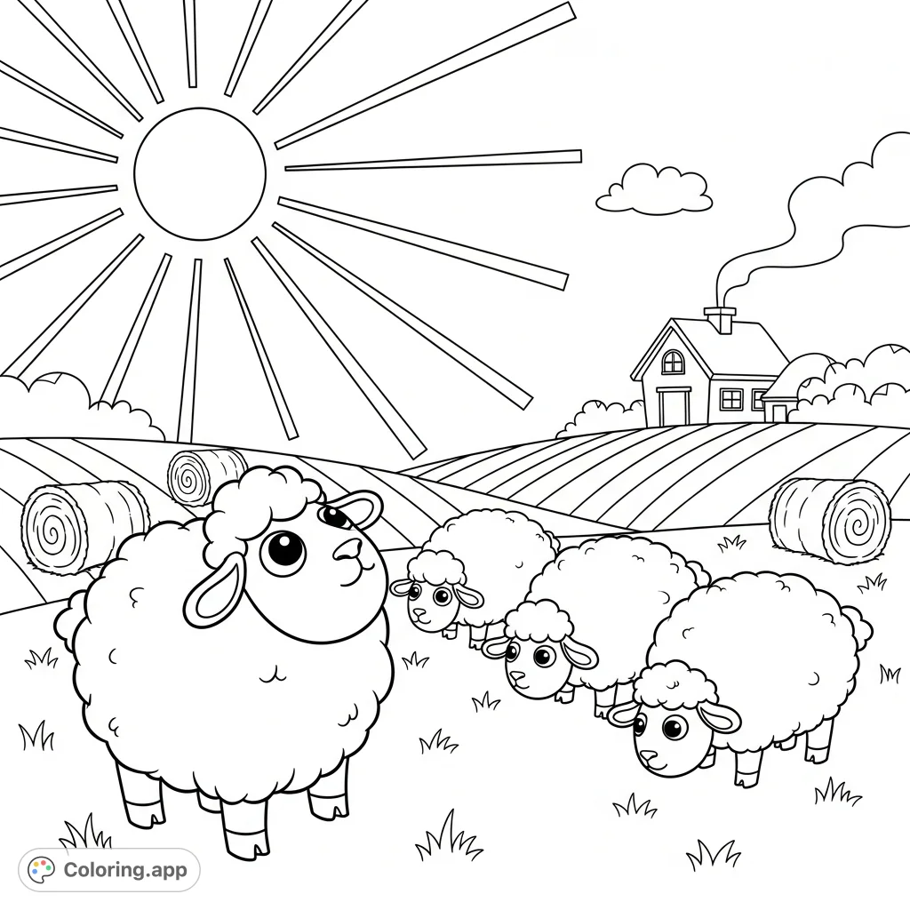 Three adorable, rounded sheep graze in a quaint pasture, a farmhouse in the background, beneath a cheerful sun. A delightful farm scene awaits.