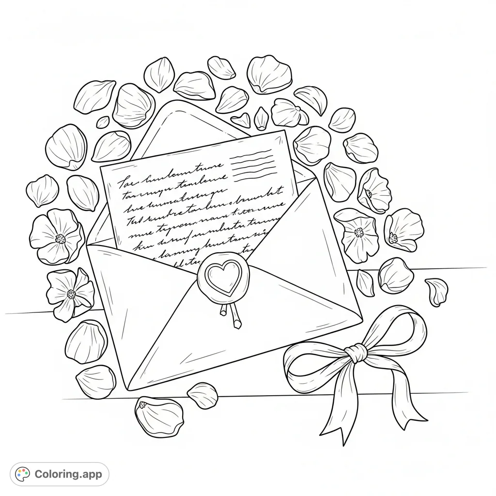 Discover an antique-style envelope open to reveal a handwritten letter with an embossed heart seal, surrounded by delicate flower petals and a satin ribbon.