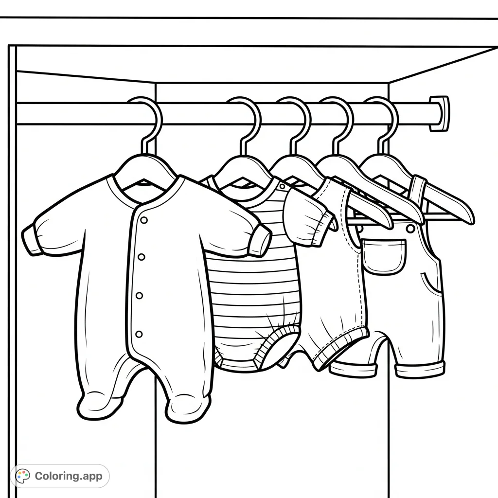 A charming baby closet essentials coloring page featuring hangers, a sleeved blanket, striped romper, and overalls in a wardrobe. Perfect for new parents!