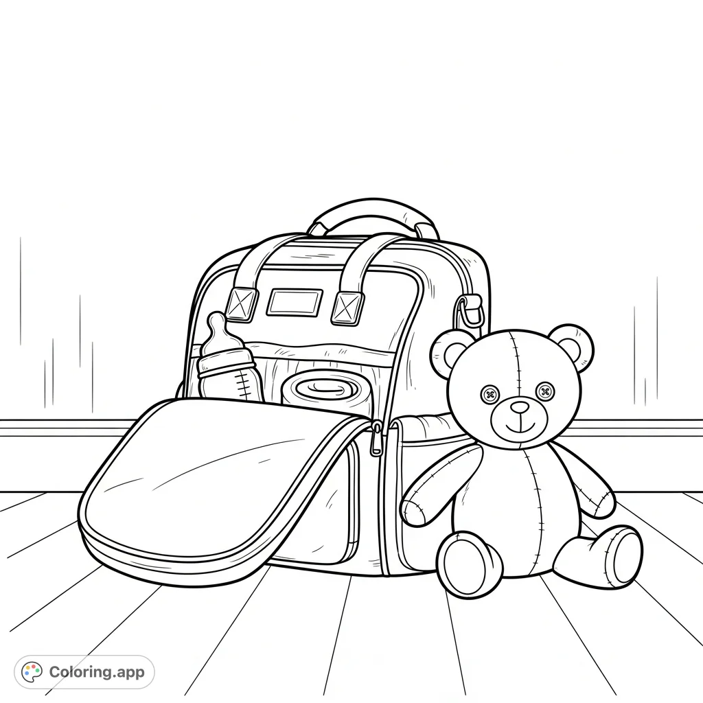 A charming diaper bag sits open with baby essentials and a friendly teddy bear, ready for adventure. Perfect for new parents and kids.
