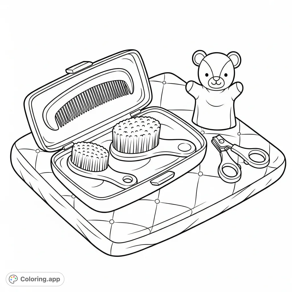 Discover a charming baby grooming kit, neatly displayed on a quilted mat, complete with a comb, brush, clippers, and a delightful animal finger puppet.