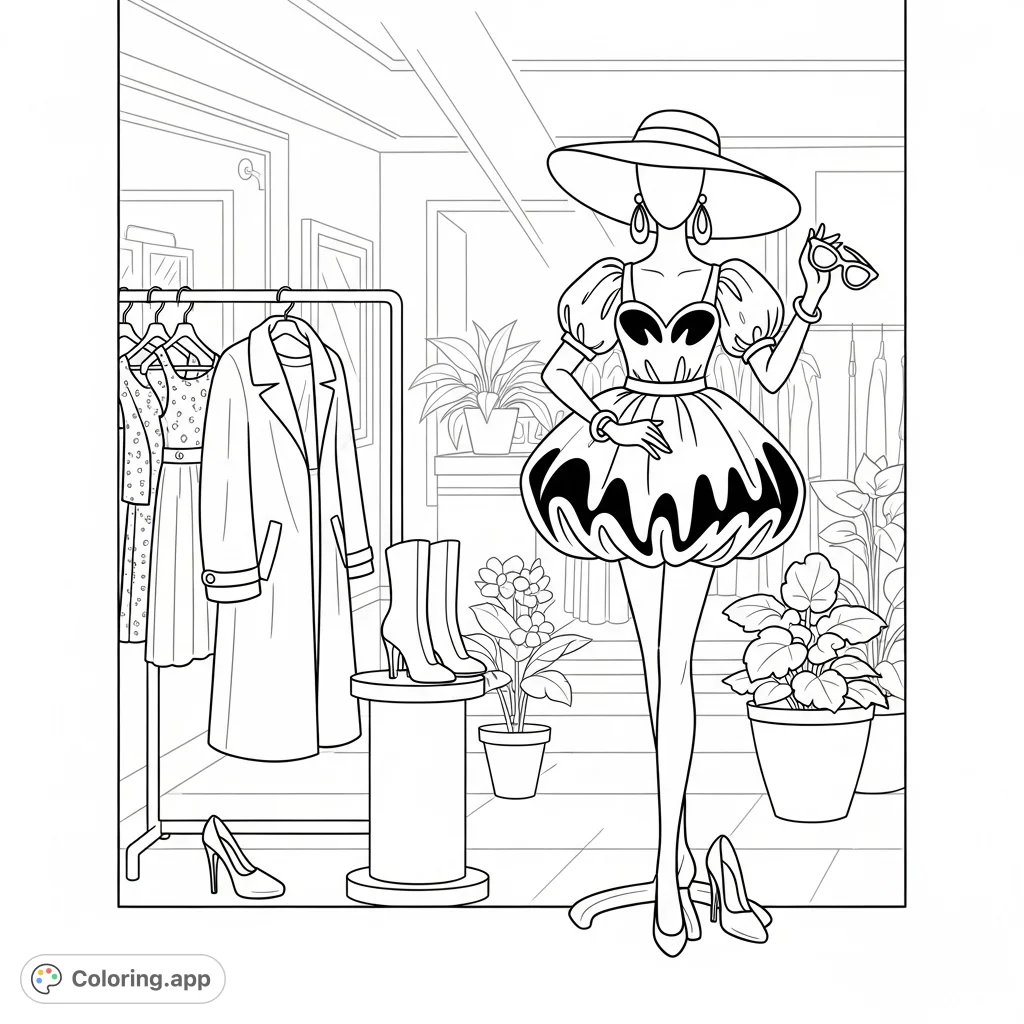 Step into a world of style with this elegant boutique window display coloring page. Featuring a mannequin in a mini-puffy dress, chic accessories, and a sophisticated coat.