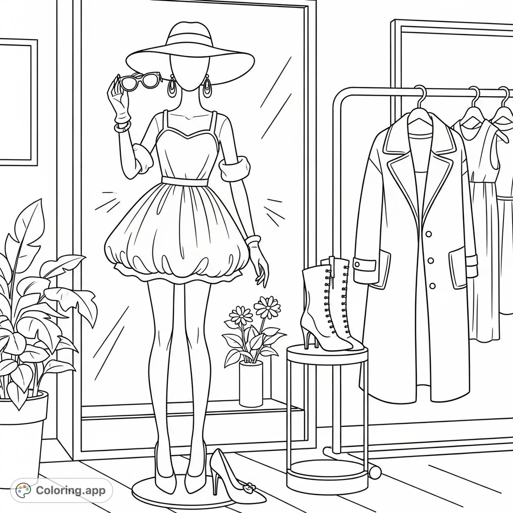 Step into a world of style with this fashion boutique window coloring page, featuring a mannequin in a mini-puffy dress, chic accessories, and elegant apparel.