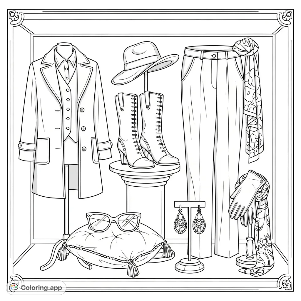An elegant boutique window showcases women's fashion, featuring boots, a chic hat, sunglasses, a sophisticated coat, tailored pants, earrings, gloves, and a flowing scarf.