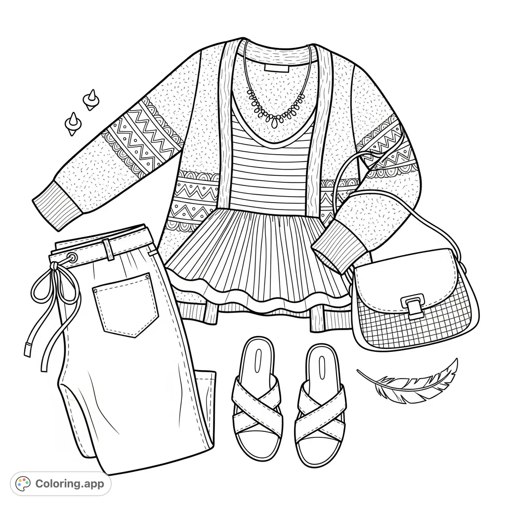 Explore a stylish casual outfit flat lay coloring page, featuring a textured cardigan, striped top, trousers, handbag, and sandals. Perfect for fashion enthusiasts.