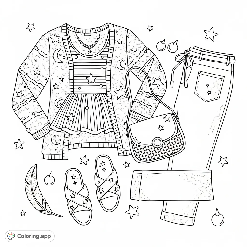 Explore a stylish casual outfit flat lay coloring page featuring a patterned cardigan, striped top, trousers, handbag, and sandals. Perfect for fashion enthusiasts.
